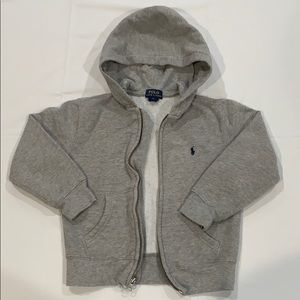 Gray sweat jacket, with blue polo logo